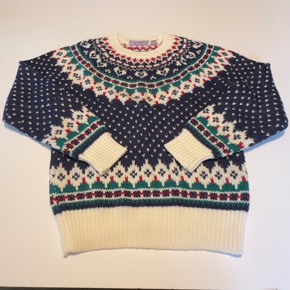Strawberry Banke Sweater Navy Fair Isle Vintage 90s Medium Nordic Knit Crewneck